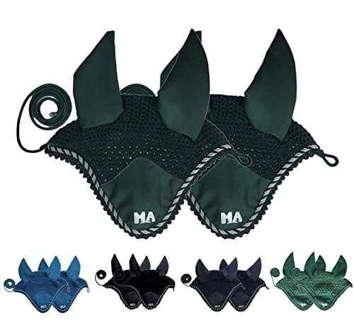 Majestic Ally Handgefertigtes Häkelfliegenschleier-Set - beinhaltet 2 Stück mit Ohrenetzen und geflochtenem Seil für Pferde (Hunter Green) von Majestic Ally