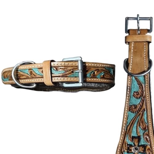 Majestic Ally Leder-Hundehalsband mit verstellbarer, gepolsterter Passform zum Gehen, Wandern und Laufen, Designer-Westernkleidung für Welpen, ausgefallene Farben (Größe XL, Antik-Natur-Türkis) von Majestic Ally