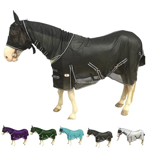 Majestic Ally Pferdefliegendecke mit Nackenschutz und Kopfmaske, atmungsaktiver UV- und Beißschutz, verstellbare Körperriemen, Boarding- oder Turnout-Zubehör, konturierte Passform (schwarz, 203,4 cm) von Majestic Ally