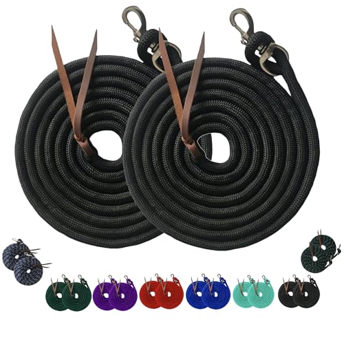 Majestic Ally Trainingsleine aus Poly-Material, 3,6 m, mit Lederknopf, für Pferde und Nutztiere – 3,6 m lang und 1,6 cm dick, austauschbarer robuster Bolzenknopf, schwarz, 2 Stück von Majestic Ally