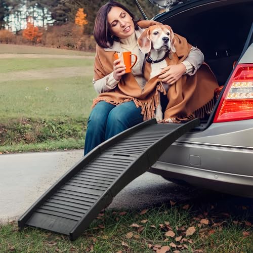 Makamsui Hunderampe für Auto, 4-Falz Faltbare Große Hundeleiter, Hund Autorampe Haustiertreppe mit Rutschfester Oberfläche für Easy Car & SUV & Truck, Unterstützt bis zu 150 Pfund Schwarz von Makamsui