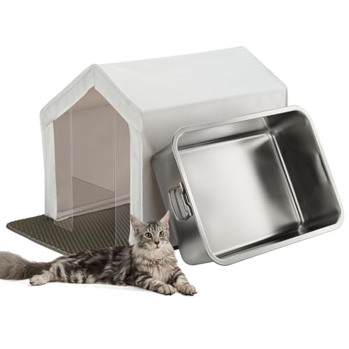 Maksone Katzentoilette aus Edelstahl, große Metall-Katzentoilette mit Zelt, Katzentoilette und Schaufel, nimmt keine Gerüche auf, leicht zu reinigen von Maksone