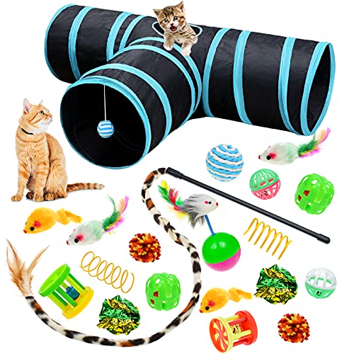 Malier Cat Toys Kitten Toys Set, Collapsible Cat Tunnels for Indoor Cats, Interactive Cat Feather Toy Fluffy Mouse Crinkle Balls Cat 3 Way Tube Tunnel Toys Kitty Toys for Cat Puppy Kitty Kitten von Malier