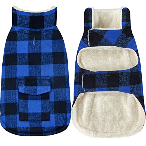 Malier Hunde-Wintermantel, klassischer karierter Fleece-Hundemantel, kaltes Wetter, Hundejacke mit Tasche, Windprood warmer Hundemantel, Weste, Winter, mittelgroße und große Hunde (Blau, Large) von Malier