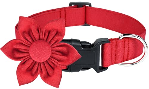 Malier Weihnachts-Hundehalsband mit Blume, rotes Hundehalsband mit Schnalle, verstellbares Baumwollhalsband für kleine, mittelgroße und große Hunde, Welpen (Rot, M) von Malier