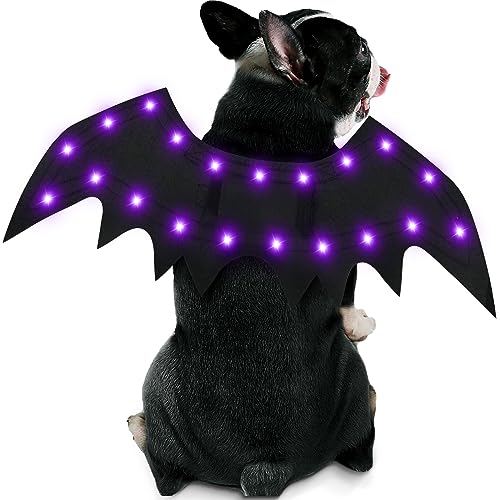 Malier Leuchtende Hunde-Halloween-Kostüm, 20 LED-Hunde-Fledermausflügel, Halloween-Cosplay-Kostüm mit violetten Lichtern, lustige Halloween-Kleidung, Thanksgiving-Geschenke für Hunde, Welpen, Katzen von Malier