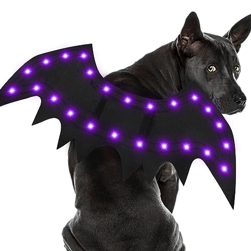 Malier Leuchtende Hunde-Halloween-Kostüm, 20 LED-Hunde-Fledermausflügel, Halloween-Cosplay-Kostüm mit violetten Lichtern, lustige Halloween-Kleidung, Thanksgiving-Geschenke für Hunde, Welpen, Katzen von Malier