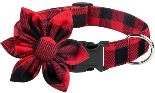 Malier Weihnachtshalsband mit Blume, Klassisches Buffalo Plaid Hundehalsband mit Schnalle, verstellbare Weihnachtshalsbänder mit Fliege für kleine, mittelgroße und große Hunde, Welpen(XS, Rot & von Malier