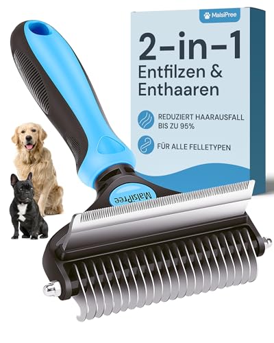 MalsiPree 2-in-1 Hundebürste Enthaarungs- und Entfilzungskamm, Unterfellbürste Hunde - Multifunktionaler Kamm für kurzes, langes Haar - Katzenkamm, Tierhaarentferner Groß, Blau von MalsiPree