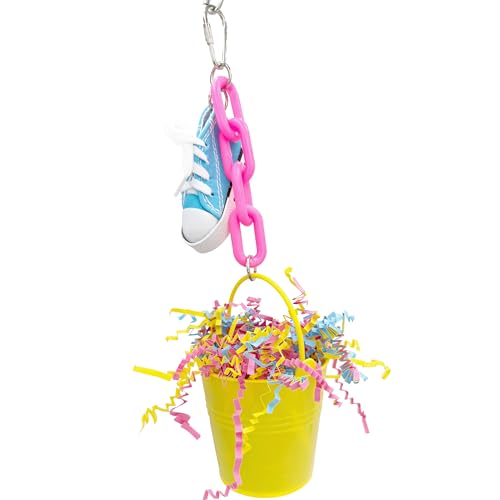 Mandarin Bird Toys M&M 702 Kick The Bucket – Handgefertigtes, buntes Hängekäfig-Spielzeug, zerkleinerbarer Sneaker, Knisterpapier, Kunststoffeimer, bunte Kette, Spaß für kleine bis mittelgroße Vögel von Mandarin Bird Toys