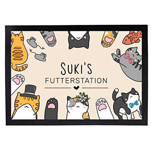 Napfunterlage Katzen personalisiert mit Namen Geschenk für Katzenbesitzer Katzenmama Katzenpapa rutschfest & waschbar schwarz (Futterstation 35x50cm) von Manilu