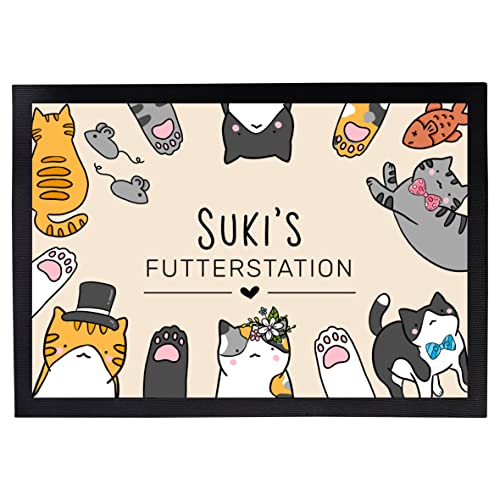 Napfunterlage Katzen personalisiert mit Namen Geschenk für Katzenbesitzer Katzenmama Katzenpapa rutschfest & waschbar schwarz (Futterstation - 50x70cm) von Manilu