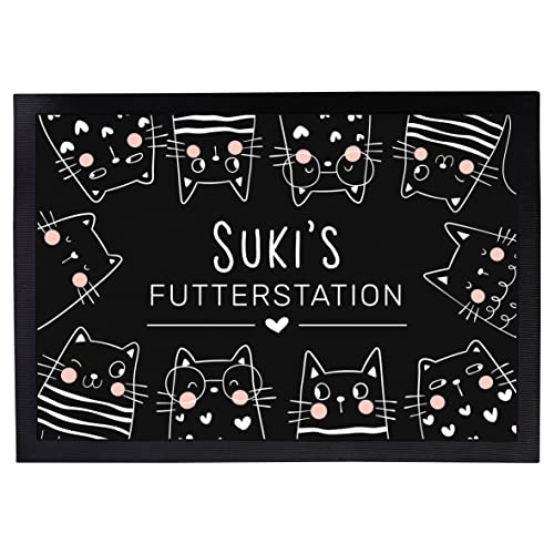 Napfunterlage Katzen personalisiert mit Namen Geschenk für Katzenbesitzer Katzenmama Katzenpapa rutschfest & waschbar schwarz (Futterstation Schwarz - 50x75cm) von Manilu