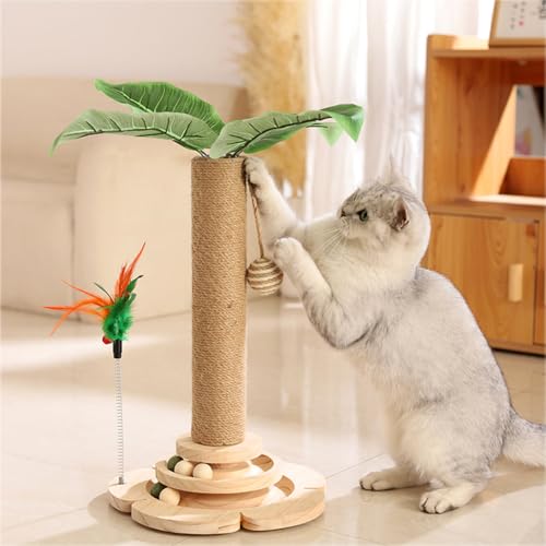 Marchul 5 in 1 Katzenspielzeug, Katzenkratzbaum mit Sisalseil, Hölzerne Katze Track Toy Ball mit Springy Feder, Kätzchen Baum mit simulierten Pflanzen, Interaktiver Kratzbaum für Katzen von Marchul