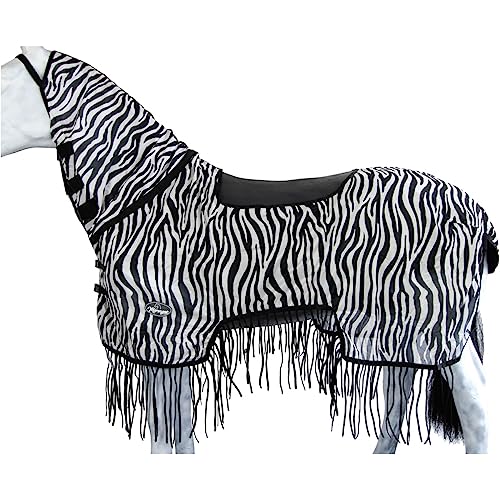 Marengos - Zebra Fliegenausreitdecke mit Fransen | Pferdedecke mit Sattelausschnitt & Halsteil | Schutz vor Insekten | feinmaschige Fliegendecke | Outdoor-Pferdedecke in Schwarz/Weiß | 125 cm von Marengos