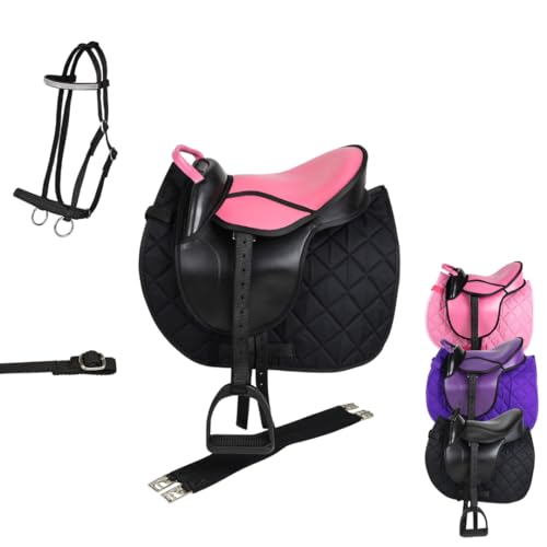 Marengos - Holzpferd Sattel Set | Sattel für Holzpferd mit Sattelgurt, Schabracke, Trense, Steigbügel & -Riemen | Sattel aus Kunstleder | Sattel-Typ Advanced in pink/schwarz | Größe 12" von Marengos