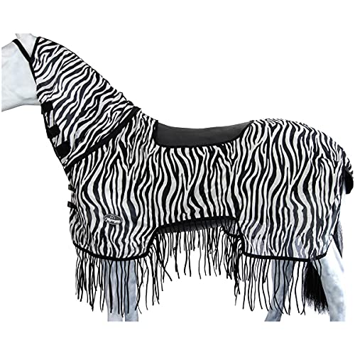 Marengos - Zebra Fliegenausreitdecke mit Fransen | Pferdedecke mit Sattelausschnitt & Halsteil | Schutz vor Insekten | feinmaschige Fliegendecke | Outdoor-Pferdedecke in Schwarz/Weiß | 135 cm von Marengos