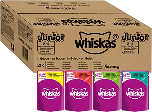 Whiskas Katzennassfutter Junior – Klassische Auswahl in Sauce – Ausgewogenes Feuchtfutter für heranwachsende Katzen von 2-12 Monaten im Portionsbeutel – Katzenfutter – Großpackung (84 x 100g) von Mars