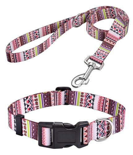 MarukoPet Hundehalsband und Leine, verstellbar, für kleine, mittelgroße und große Hunde, Welpen, niedliches Design mit Bohemian-Blumenmuster, geometrische Muster, für Jungen und Mädchen, Hundehalsband von MarukoPet