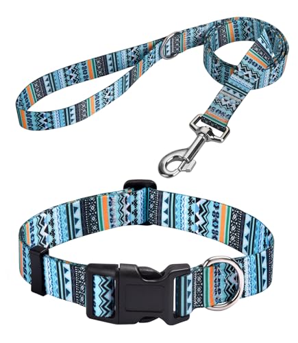 MarukoPet Hundehalsband und Leine, verstellbar, für kleine, mittelgroße und große Hunde, Welpen, niedliches Design mit Bohemian-Blumenmuster, geometrische Muster, für Jungen und Mädchen, Hundehalsband von MarukoPet