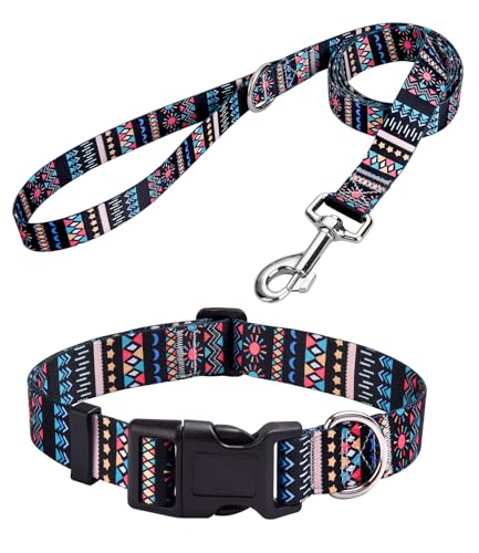 MarukoPet Hundehalsband und Leine, verstellbar, für kleine, mittelgroße und große Hunde, Welpen, niedliches Design mit Bohemian-Blumenmuster, geometrische Muster, für Jungen und Mädchen, schwarzes von MarukoPet