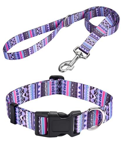 MarukoPet Hundehalsband und Leine, verstellbar, für kleine, mittelgroße und große Hunde, Welpen, niedliches Design mit Bohemian-Blumenmuster, geometrische Muster, für Jungen und Mädchen, Violett von MarukoPet