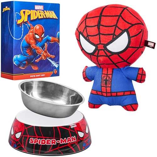 Marvel Fressnapf Hund Set mit Quietschspielzeug, Spiderman Spielzeug Hund Kuscheltier mit Hundenapf rutschfest Hundegeschenk von Marvel