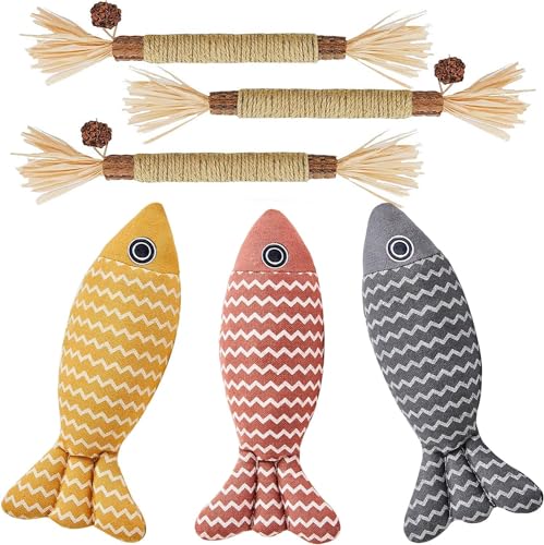 MarverFace Katzenminze Spielzeug 6 Stück, 20CM Katzenminze Spielzeug Fisch Form, 3 Matatabi Katzenminze Sticks,Katzenspielzeug für Katzen Spielen und Kauen von MarverFace