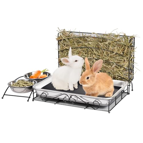 3 in 1 Kaninchen Heu-Futterstation mit Katzentoilette, Metall Bunny Hay Feeder mit Toilette und Schalen, Kleintier Heuraufe Halter für Meerschweinchen Hamster Kaninchen Hase von MasXirch