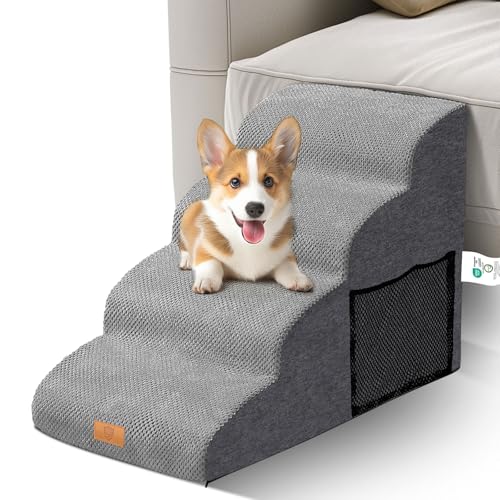 Hundetreppe für Kleine Hunde, Masthome 4 Stufen Hunderampe 52cm Hoch,rutschfeste Katzentreppe mit Waschbarer Bezug,Hunderampe aus hochdichtem Schaumstoff für Couch,Sofa,Bett, Grau von Masthome