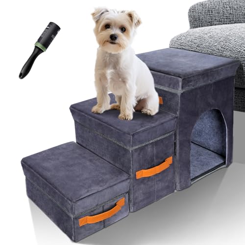 Hundetreppe für Kleine Hunde,78L*33.5B*44.5H cm,3 Stufen Hundetreppe Faltbare mit Aufbewahrungsbox & Katzenloch, Große Wohnung, Stauraum, Haustiertreppe für Couch und Bett, ältere/große Hunde von Masthome