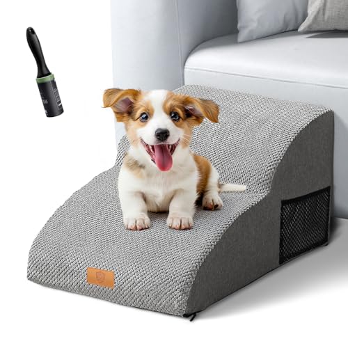 Masthome Hundetreppe für Kleine Hunde,2-Stufig Hunderampe 30cm Hoch,Haustiertreppe für Bett und Sofa aus Hochdichtem Schwamm,Waschbar Bezug,wasserdichte Katzentreppe-Senden 1 Fusselrollen,Grau von Masthome