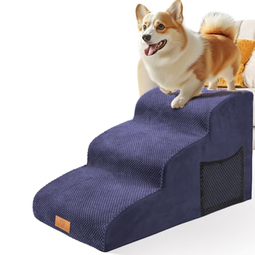 Masthome Hundetreppe für Kleine Hunde, 3 Stufen Hunderampe für Bett und Sofa, 40cm Hoch Haustiertreppe mit Wasserdichtem Bezug,Leichte Hunderampe für Alte Katzen,Blau,Hergeben 1 Fusselrollen von Masthome