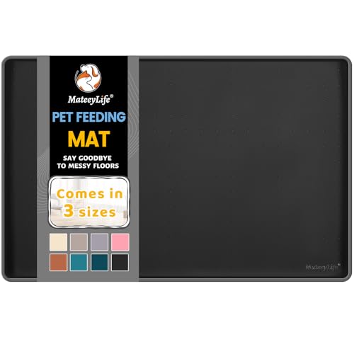 MateeyLife 24 × 16 × 0,6 inch Schwarze Futtermatte für Futter und Wasser, Silikon-Hundenapfmatten für Böden, wasserdichte rutschfeste Hundenapfmatte mit erhöhten Kanten, um Futter und Wasser auf dem von MateeyLife