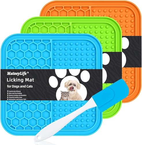 MateeyLife Schleckmatte Hund, 2 Stück Leckmatte Hund, Schleckmatte Katze, BPA-freies Silikon, rutschfest mit Saugnäpfen, inkl. Spatel, ideal für Baden, Training und Fellpflege Blau, Grün, Orange von MateeyLife