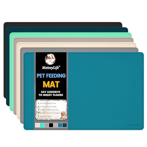 MateeyLife Futtermatte für Hunde und Katzen, wasserdichte und rutschfeste Silikon-Futtermatten für Hunde und Katzen, erhöhter Rand, Tablett für unordentliche Trinker, 61 x 40,6 cm, Blaugrün von MateeyLife