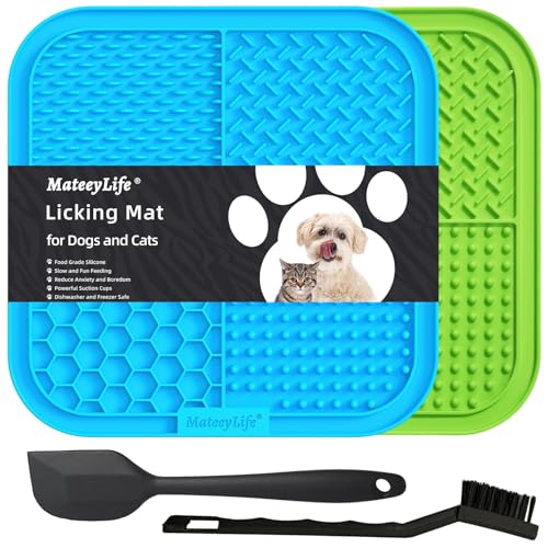 MateeyLife Schleckmatte Hund, 2 Stück Leckmatte Hund, Schleckmatte Katze, BPA-freies Silikon, rutschfest mit Saugnäpfen, inkl. Spatel, ideal für Baden, Training und Fellpflege(Blau und Grün) von MateeyLife