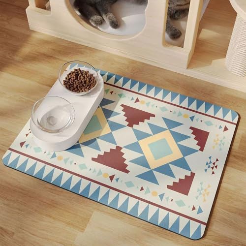 Mateju Napfunterlage Hund Katzen, Futtermatte Hund rutschfest Saugfähig Schnelltrocknend Futtermatte Hunde Katzen Matte, Boho Stil Napfunterlage Katze Hundenapf Unterlage (Blu,50x60cm) von Mateju