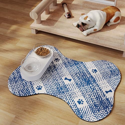 Mateju Napfunterlage Hund Katzen, Futtermatte Hund rutschfest Saugfähig Schnelltrocknend Futtermatte Hunde Katzen Matte, Form des Knochens Napfunterlage Katze Hundenapf Unterlage (Blau,30x50cm) von Mateju