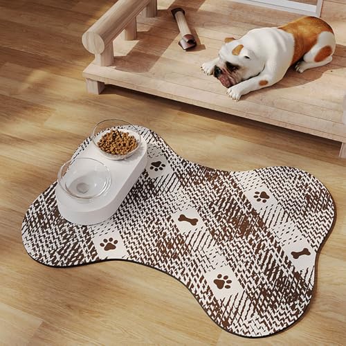 Mateju Napfunterlage Hund Katzen, Futtermatte Hund rutschfest Saugfähig Schnelltrocknend Futtermatte Hunde Katzen Matte, Form des Knochens Napfunterlage Katze Hundenapf Unterlage (Kaffee,30x40cm) von Mateju