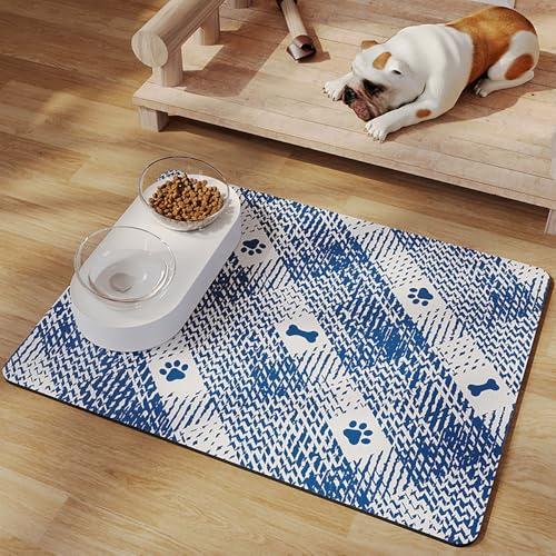 Mateju Napfunterlage Hund Katzen, Futtermatte Hund rutschfest Saugfähig Schnelltrocknend Futtermatte Hunde Katzen Matte, Napfunterlage Katze Hundenapf Unterlage (Blau,50x80cm) von Mateju