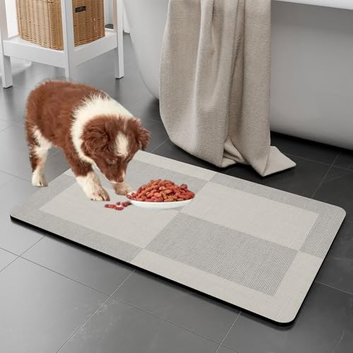 Mateju Napfunterlage Hund Katzen, Hund rutschfest Saugfähig Schnelltrocknend Futtermatte Hunde Katzen Matte Napfunterlage Katze Hundenapf Unterlage, Leinenimitatmuster (Hellgrau,40x150cm) von Mateju