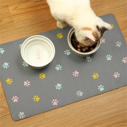 Mateju Napfunterlage Hund Katzen, Multicolour Footprints Futtermatte Hunde rutschfest Saugfähig Schnelltrocknend Futtermatte Matte, Napfunterlage Katze Hundenapf Unterlage (Grau,40x50cm) von Mateju