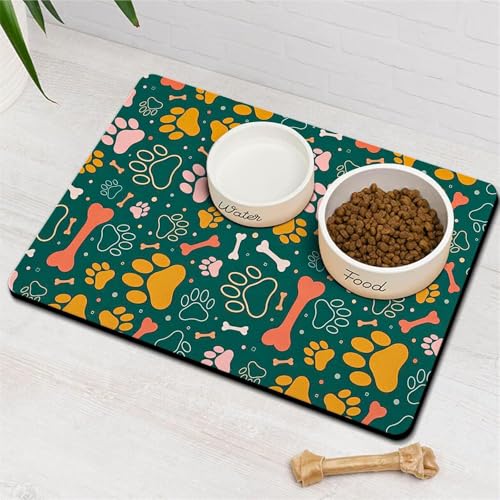 Mateju Napfunterlage Hund Katzen, WOOF Druck Futtermatte Hund rutschfest Saugfähig Schnelltrocknend Futtermatte Hunde Katzen Matte, Napfunterlage Katze Hundenapf Unterlage (Grün,60x90cm) von Mateju