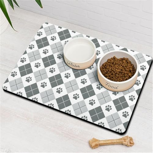 Mateju Napfunterlage Hund Katzen, WOOF Druck Futtermatte Hund rutschfest Saugfähig Schnelltrocknend Futtermatte Hunde Katzen Matte, Napfunterlage Katze Hundenapf Unterlage (Kariert,60x90cm) von Mateju