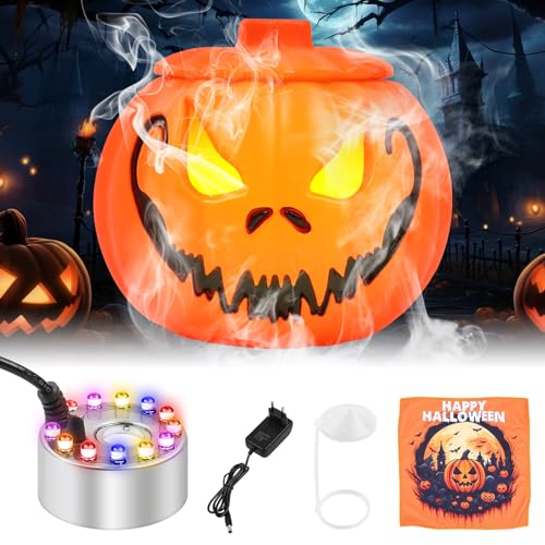 MaxEarn 12 LED-Lichtern Nebelhersteller, Halloween Kürbis Dreifarbig Gefälle Nebelmaschine, Ultraschall Vernebler mit Spritzschutz, Farbwechsel Fogger Wassernebler für Brunnen Teich Steingarten von MaxEarn