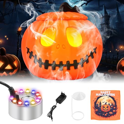 MaxEarn Halloween Nebelhersteller mit Kürbis, 12 LED Dreifarbig Gefälle Nebelmaschine, Ultraschall Vernebler mit Spritzschutz, Farbwechsel Fogger Wassernebler für Brunnen Teich Steingarten von MaxEarn