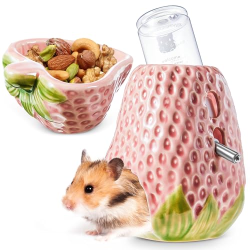 Maxdot Hamster-Wasserflasche und Napf-Set, Erdbeer-Keramik-Hamster-Wasserflasche für Glastank, 80 ml Wasserflaschenhalter und Erdbeer-Keramik-Futternäpfe für Zwerghamster, Rennmäuse, Meerschweinchen von Maxdot