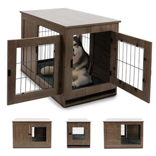 MaxxPet Hundebox Holz, Hundebox für Zuhause, Hundekäfig, Hundehütte Indoor, Gitterbox Hund, Mit 2 Türen, Dog Crate, Hundehaus Wohnzimmer, 96x61x64cm, Braun von MaxxPet