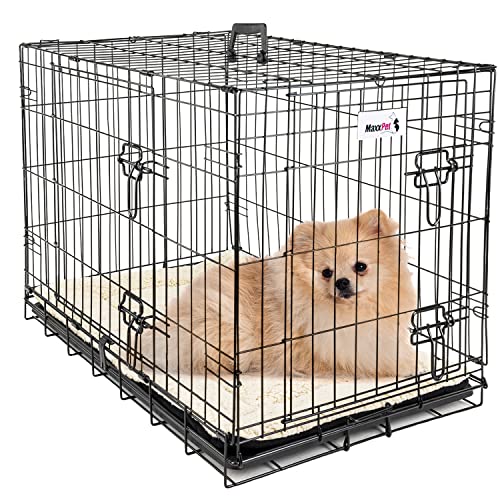 MaxxPet Hundebox Metall, Hundebox für Zuhause, Hundekäfig Klein, Mit 2 Türen, Gitterbox Hunde, Faltbare Dog Crate Mit Hundekissen, Hundehütte Indoor, Outdoor 61x43x48cm, Schwarz von MaxxPet